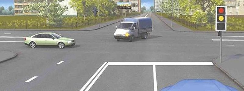 Вопрос №13 билета №14: При включении зеленого сигнала светофора Вы должны уступить дорогу: