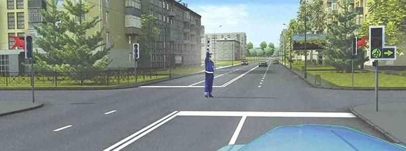 Вопрос №6 билета №15: При таких сигналах светофора и жесте регулировщика Вы должны: