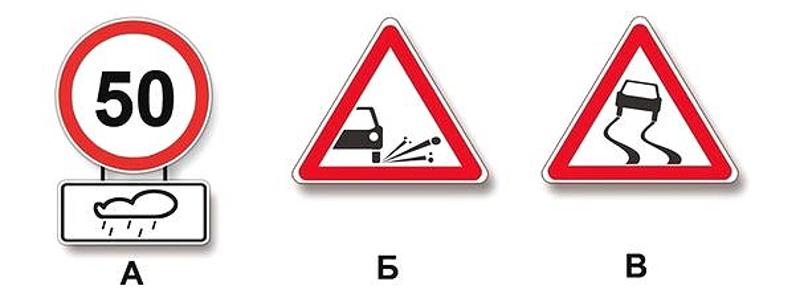Вопрос №2 билета №10: Какие из указанных знаков распространяют свое действие только на период времени, когда покрытие проезжей части влажное?